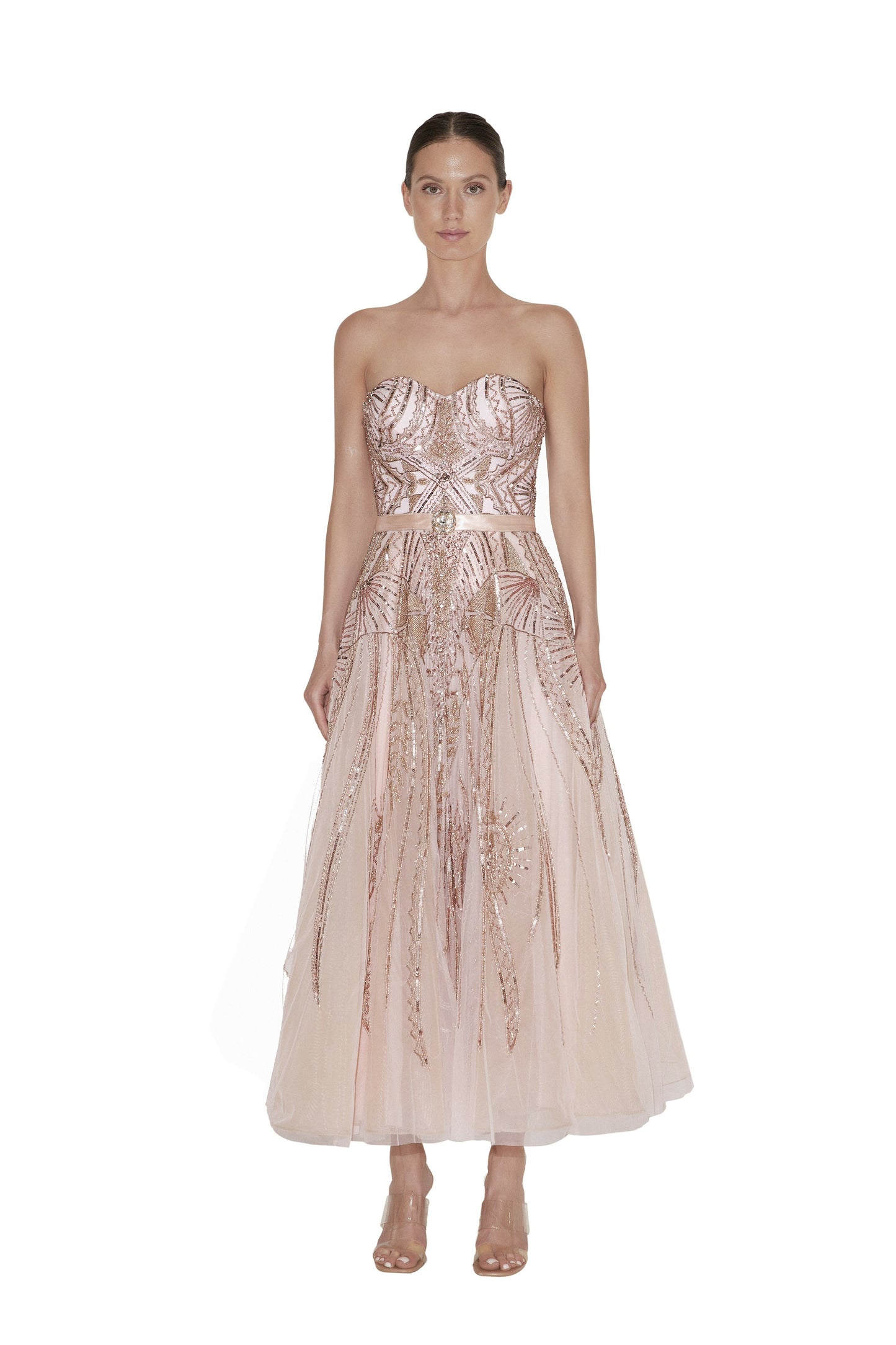 Strapless / Beaded Tea-Length Tulle Midi Dress