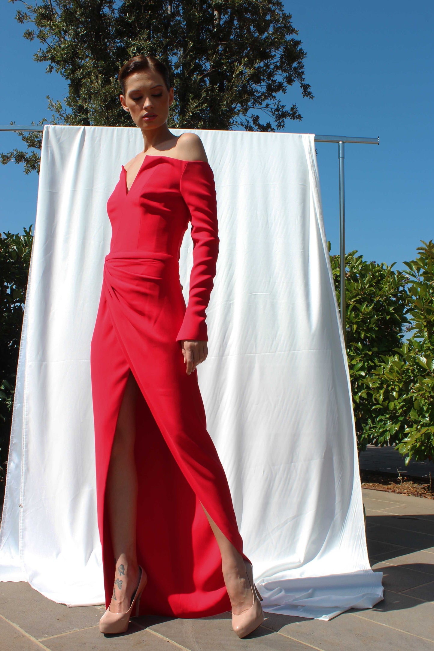 Off the Shoulder Crepe Slit Gown