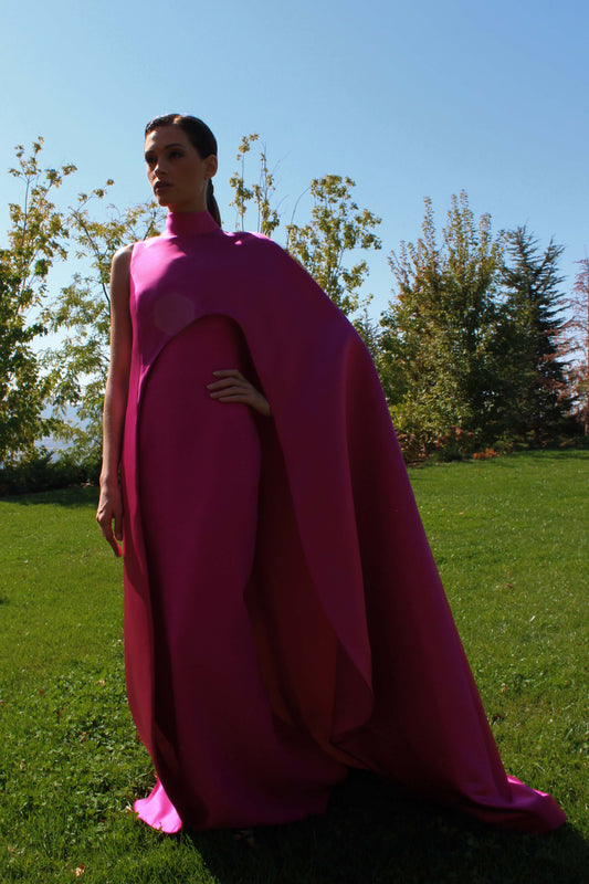 Crepe Gown with Satin Cape Overlay