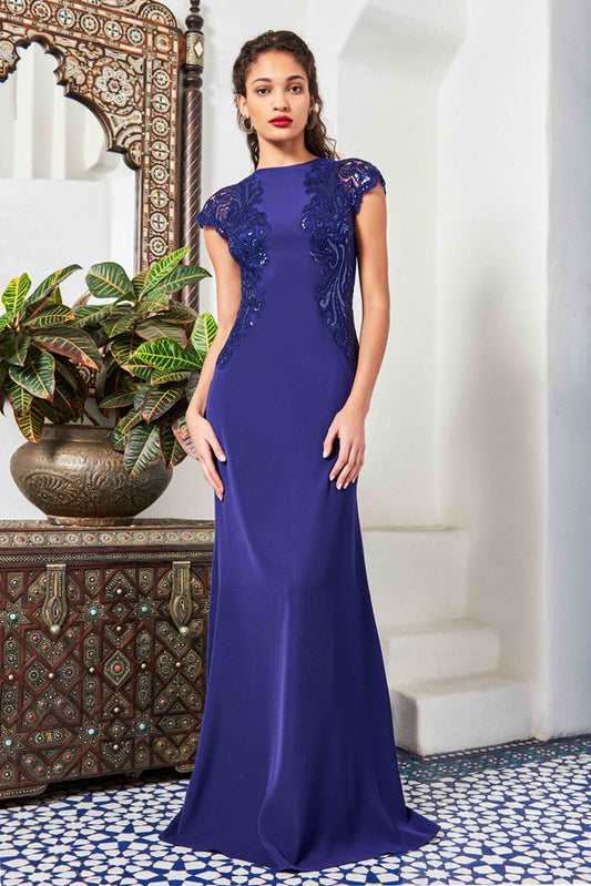 Jewel Neck Fitted Cap Sleeve Evening  Gown
