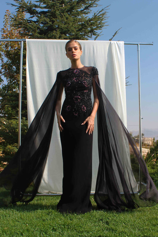 Beaded Crepe Cape Sleeve Gown