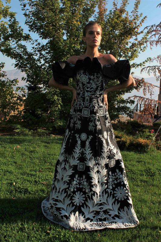 Ruffled Off Shoulder Lace Gown
