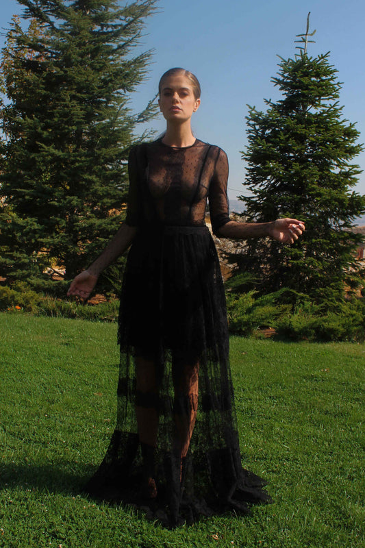 Long Sleeve Sheer Lace A-line Gown