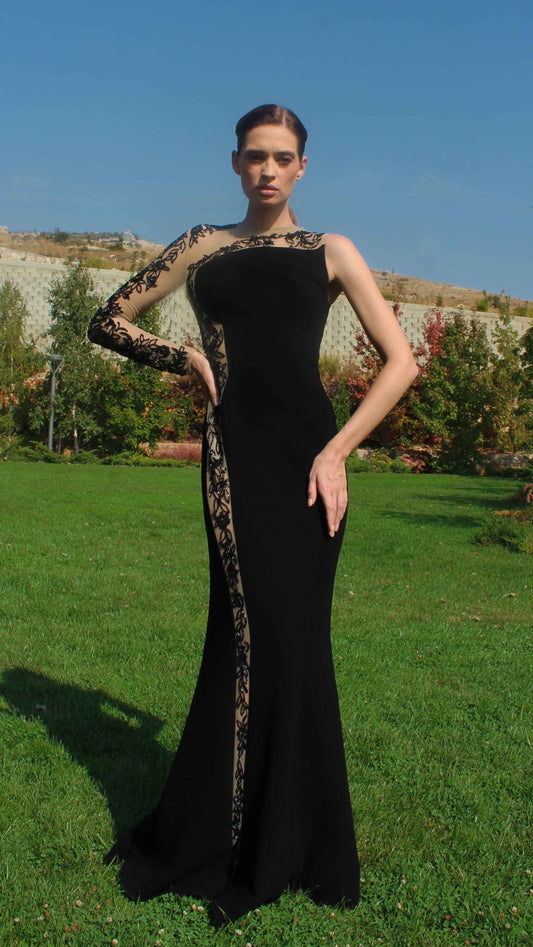 Beaded Tulle Crepe Gown