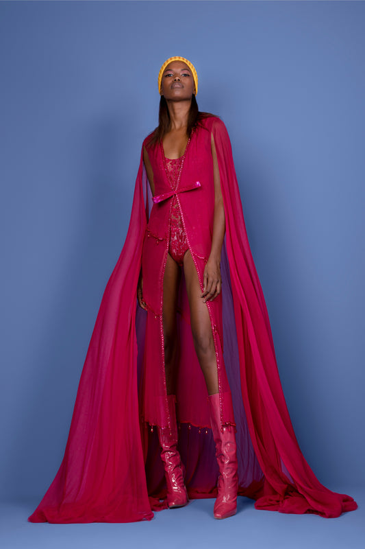Beaded Tulle Chiffon Cape Gown