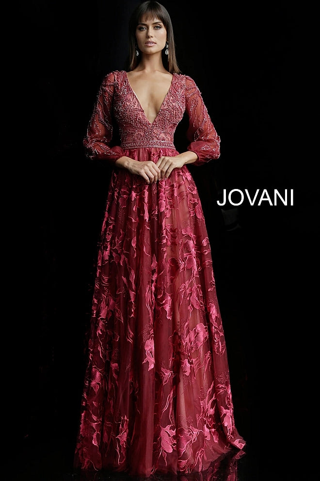 Long Sleeve V Neck Evening Gown