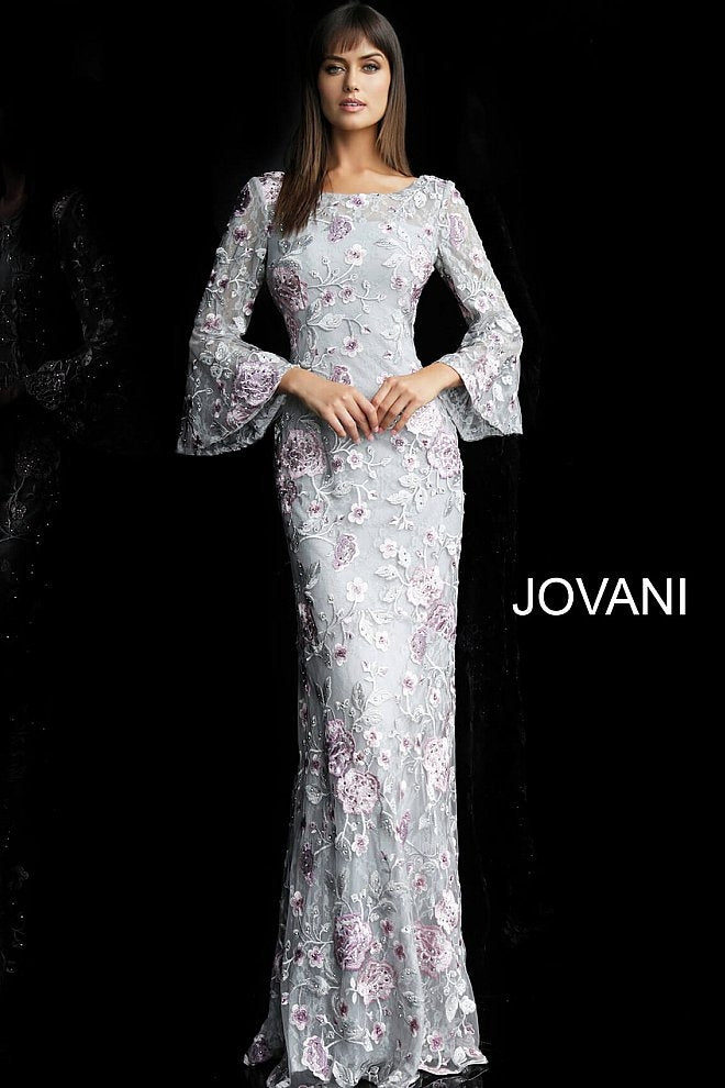 Floral Embroidered Long Sleeve Evening Gown