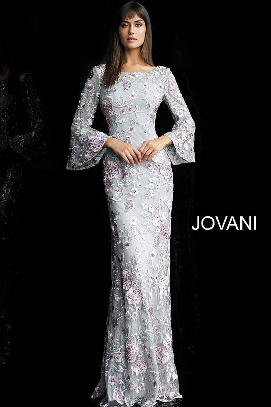 Floral Embroidered Long Sleeve Evening Gown