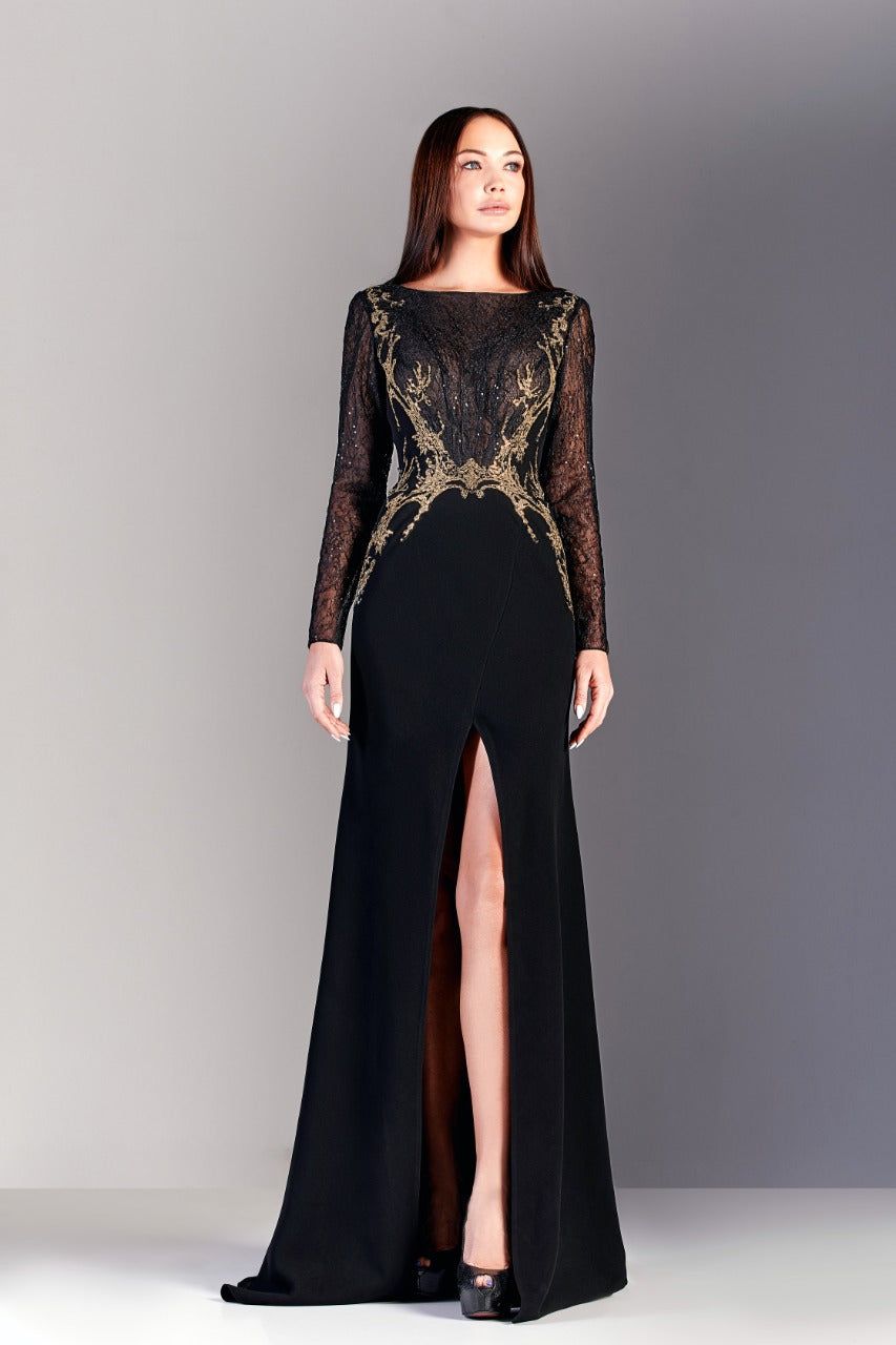 Long Sleeve Embroidered Crepe Gown