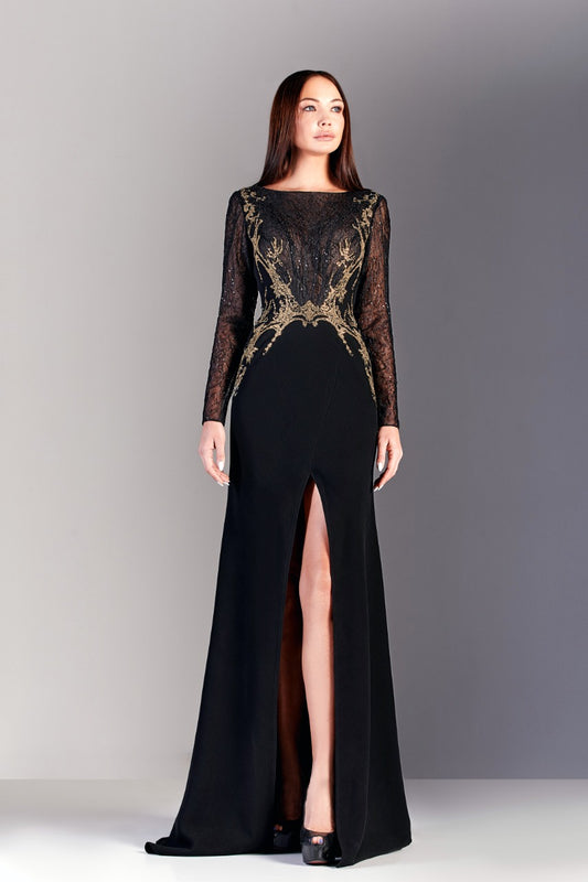 Long Sleeve Embroidered Crepe Gown