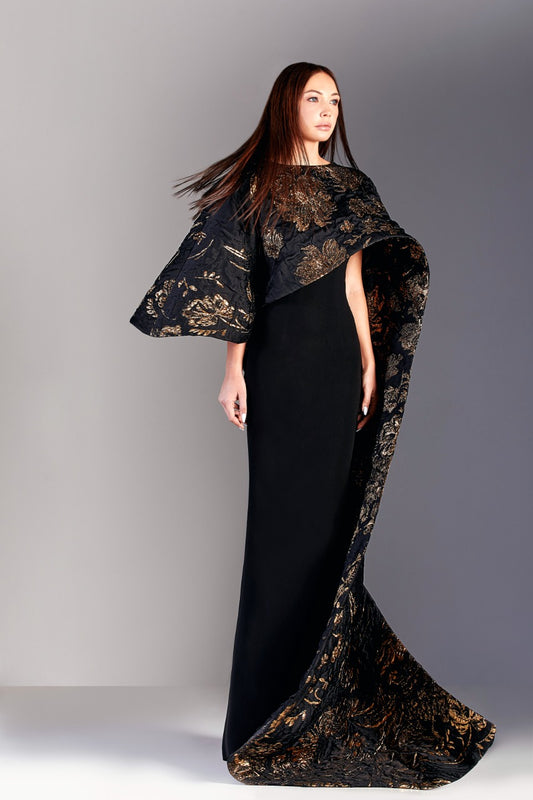 Crepe Gown with Jacquard Cape