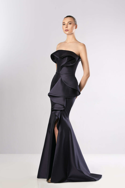 Strapless Draped Faille Slit Gown