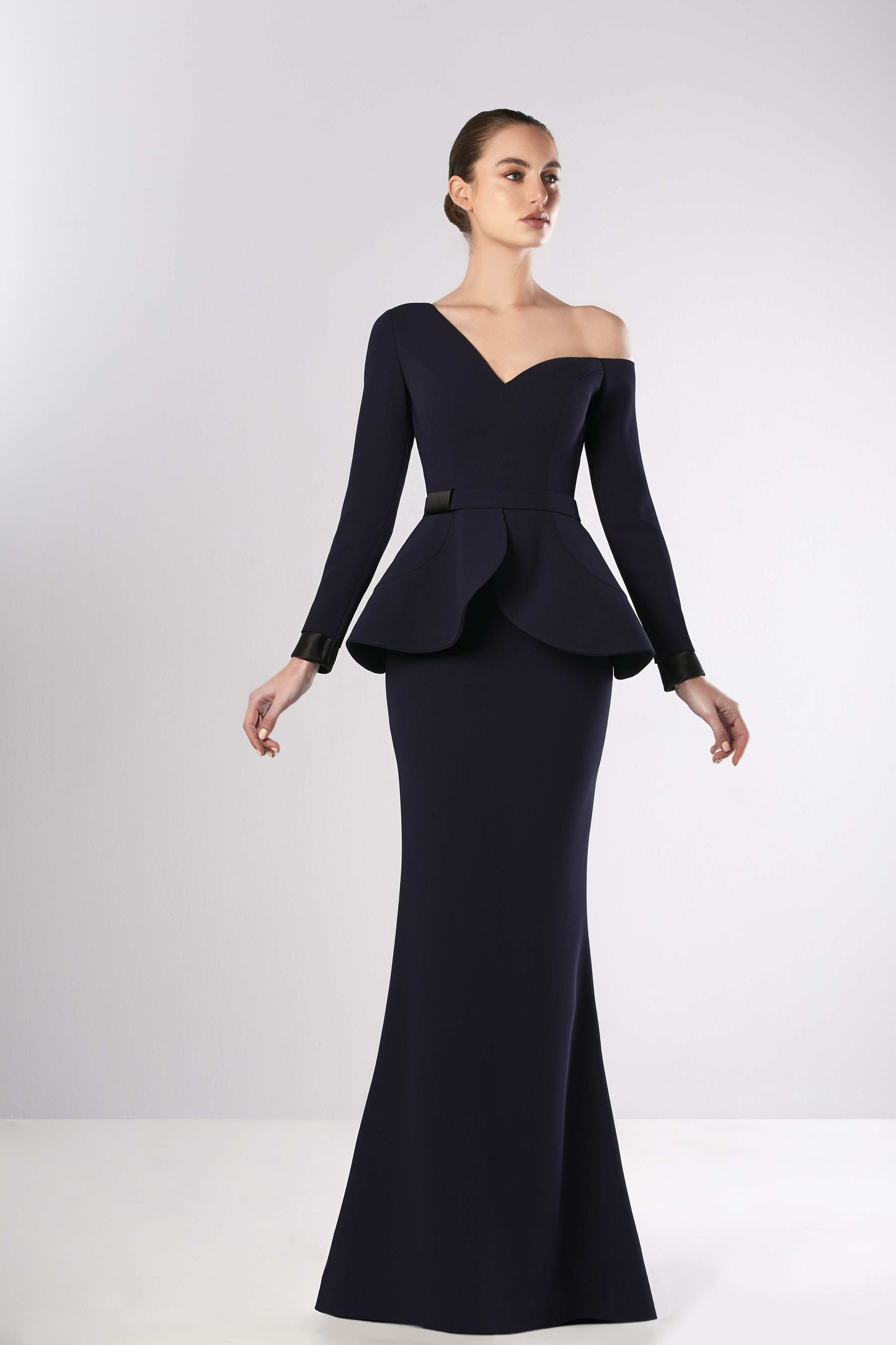 Long Sleeve Peplum Crepe Gown