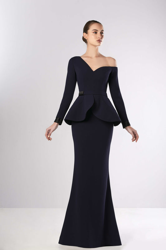 Long Sleeve Peplum Crepe Gown