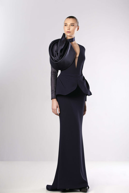 Long Sleeve Peplum Crepe  Gown