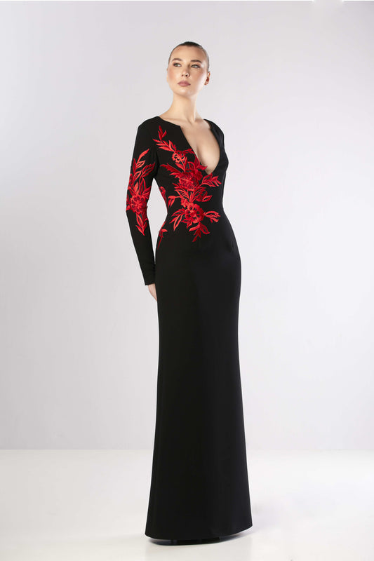 Long Sleeve Embroidered Crepe  Gown