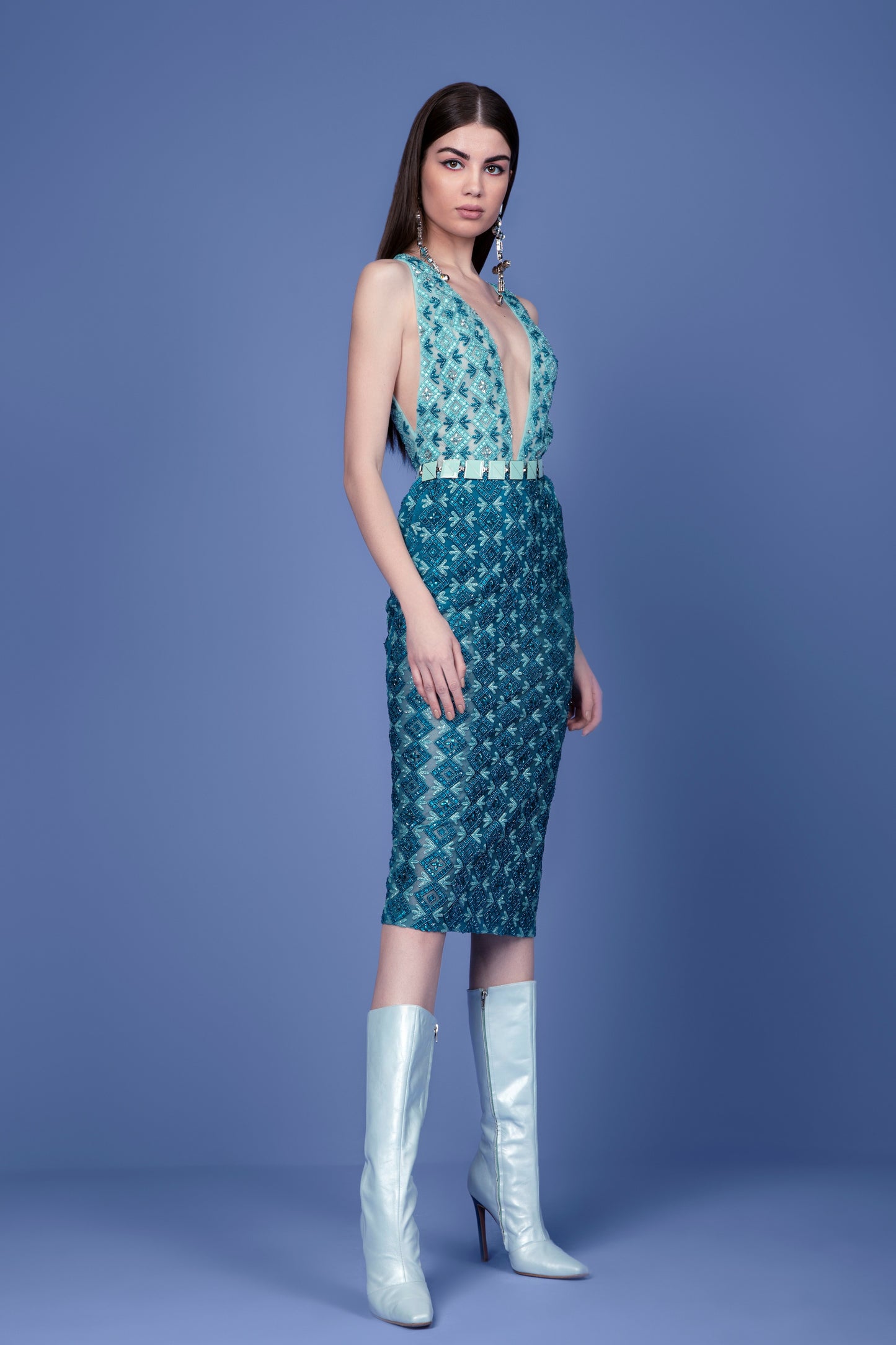 Sleeveless Beaded Tulle Midi Dress