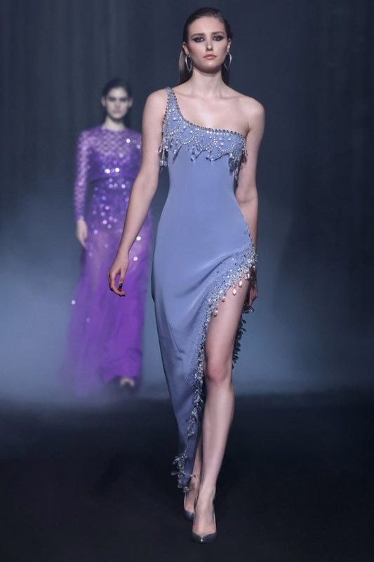 Beaded One Shoulder Cr?pe Dress