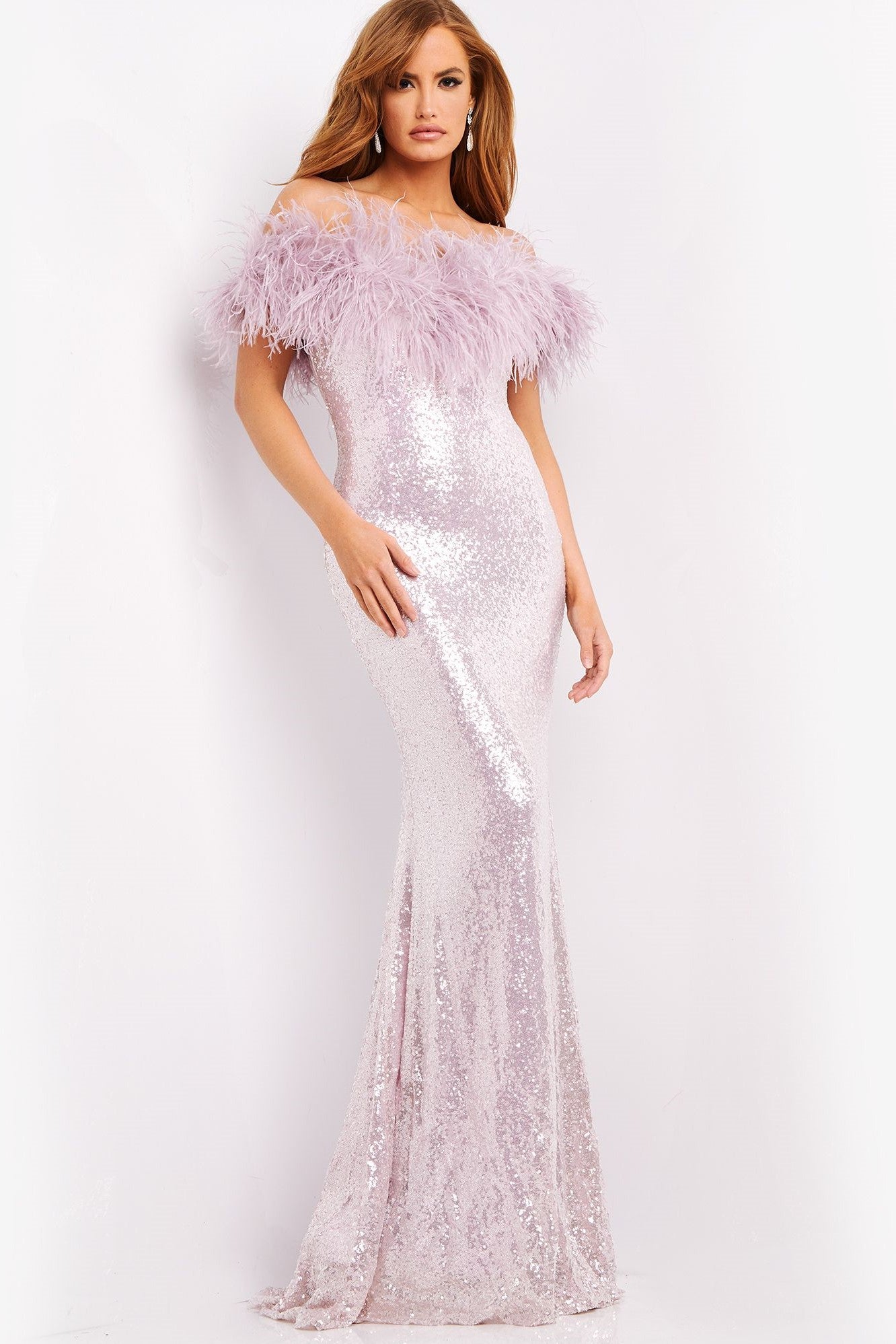 Sequin Feathered Neckline Gown