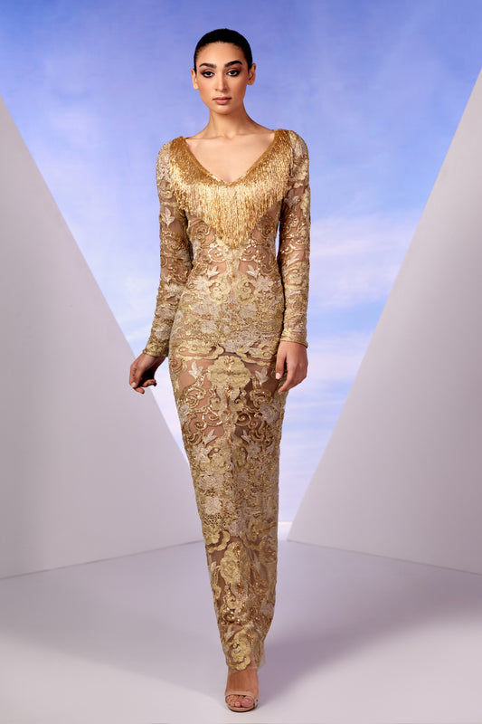 Long Sleeve Gold Lace Gown
