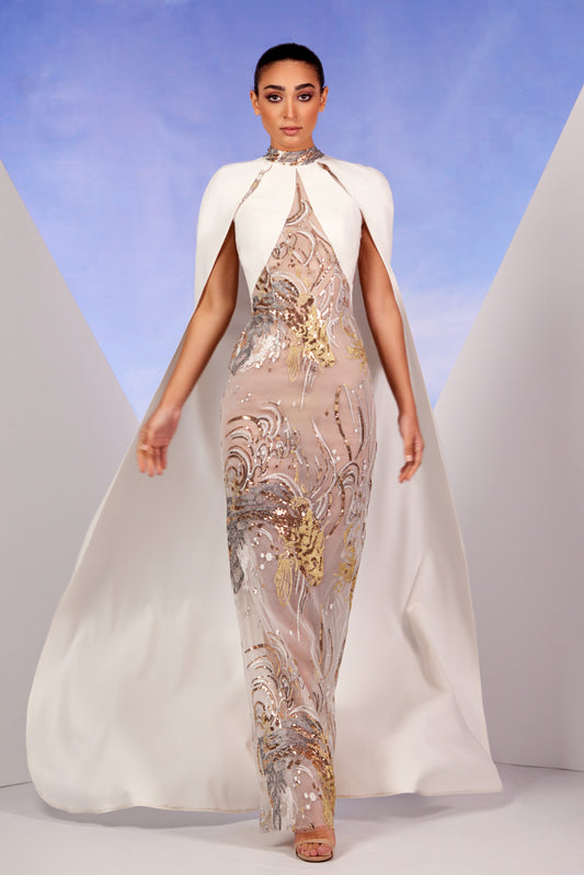 Cape Sleeve Sequin Tulle Gown