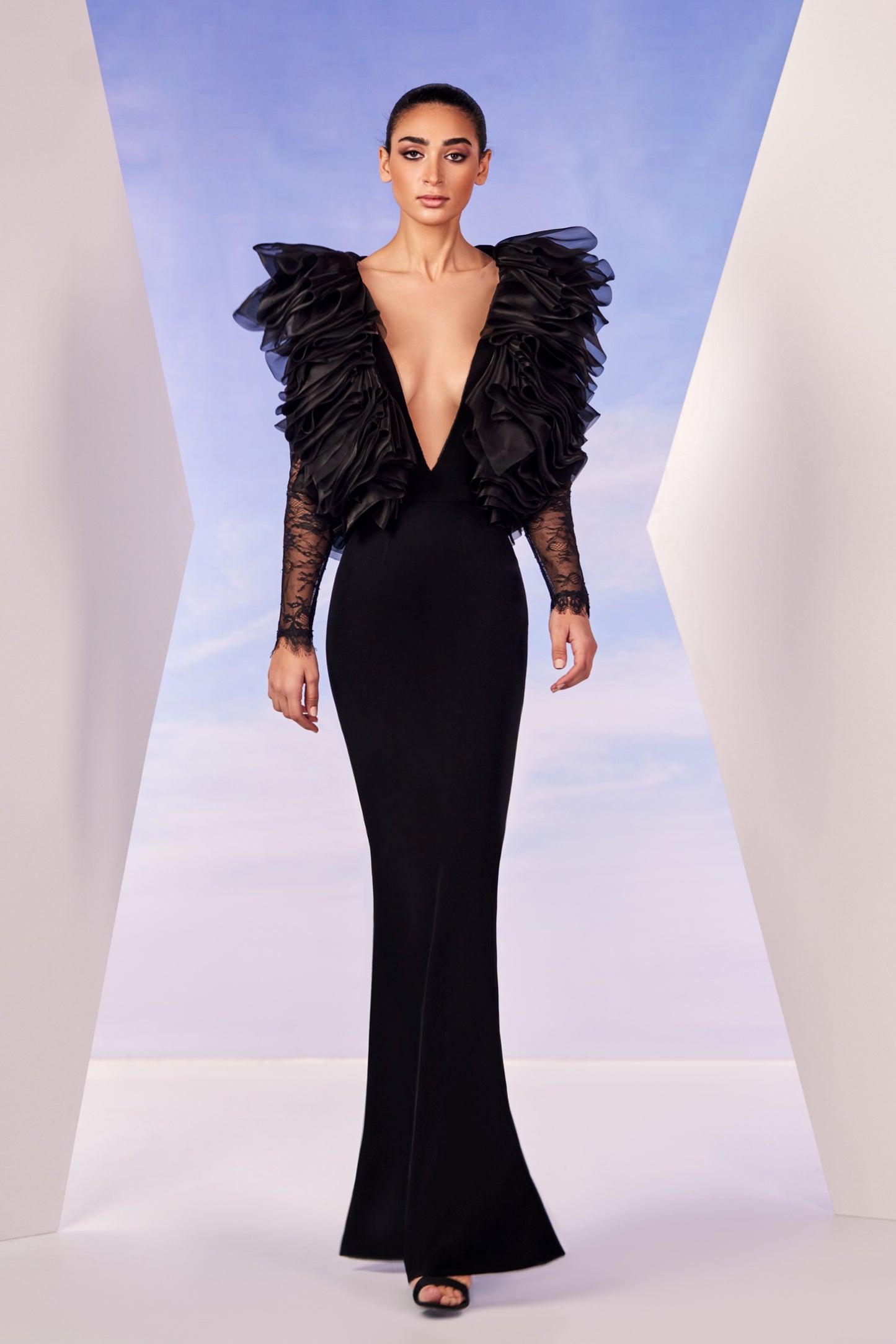 Black Organza Lace Gown