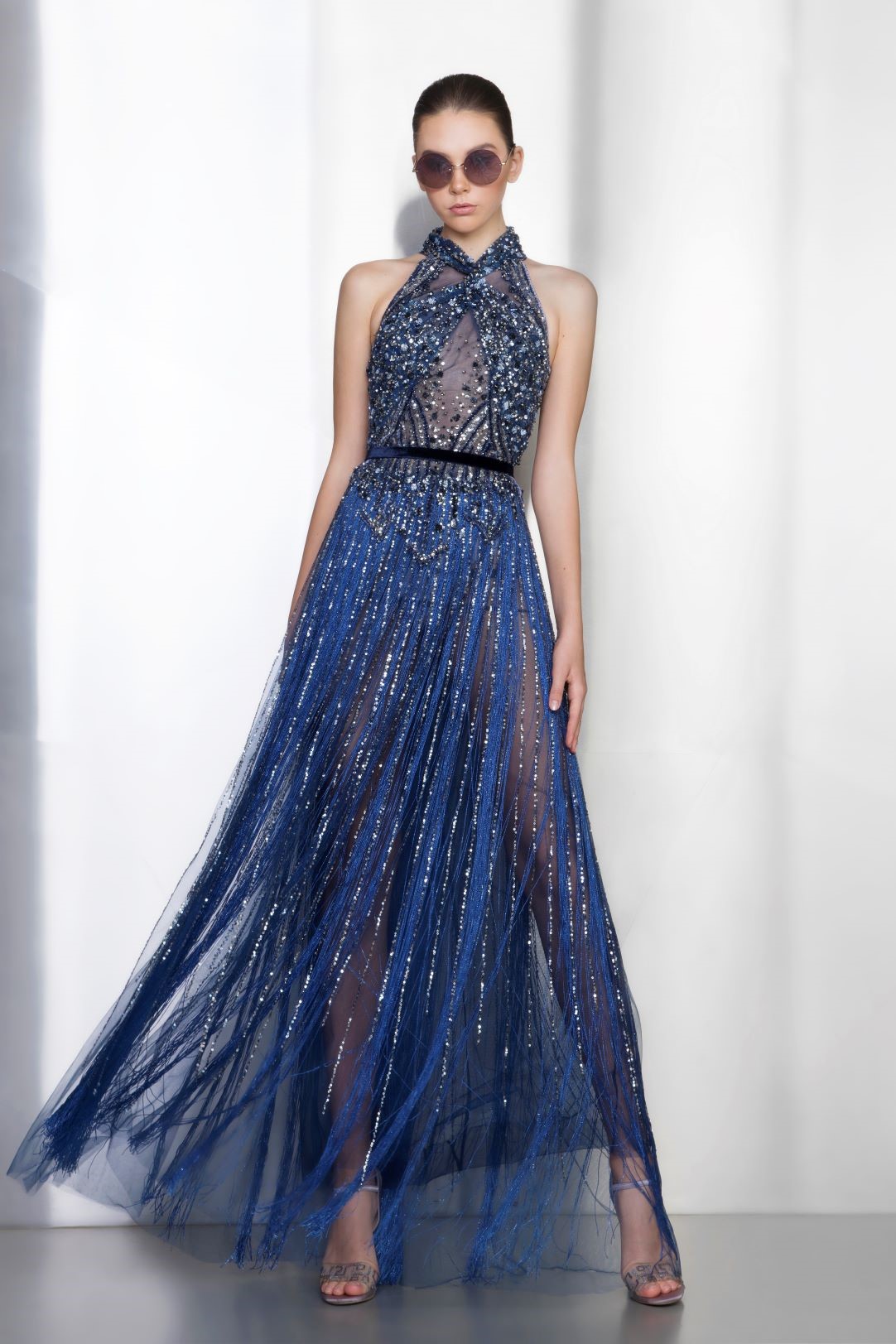 Sleeveless Embellished Halter Neck Gown