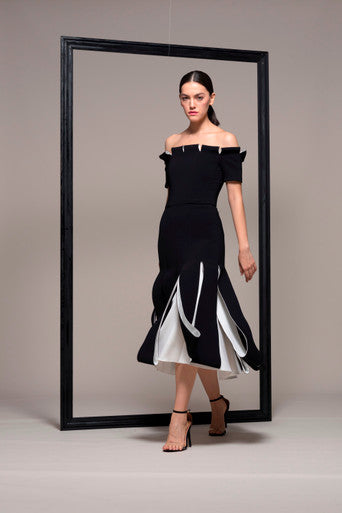 Off the Shoulder Black Midi-Tea Dress