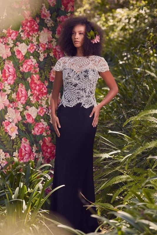 Short Sleeve Illusion Neckline Gown