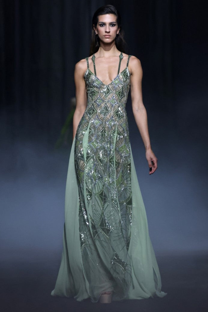 Tulle Beaded Gown with Georgette Panel