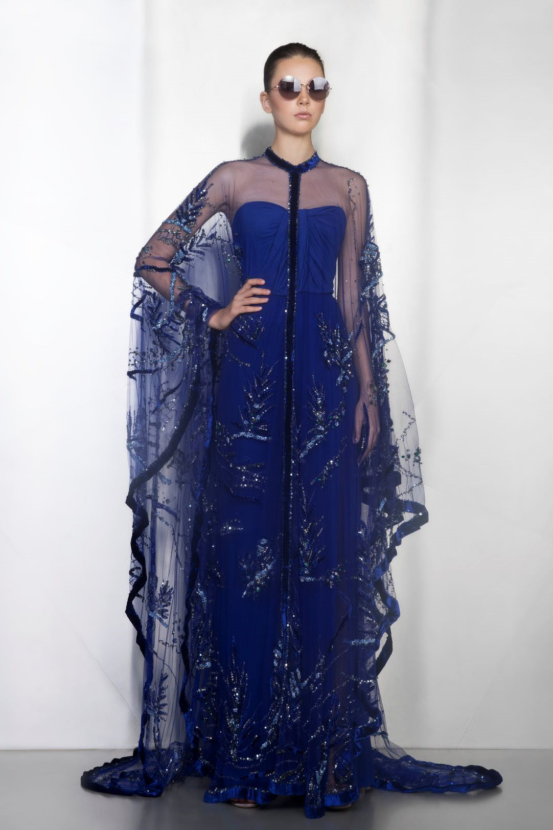 Long Sheer Cape Sleeve Embellished Gown