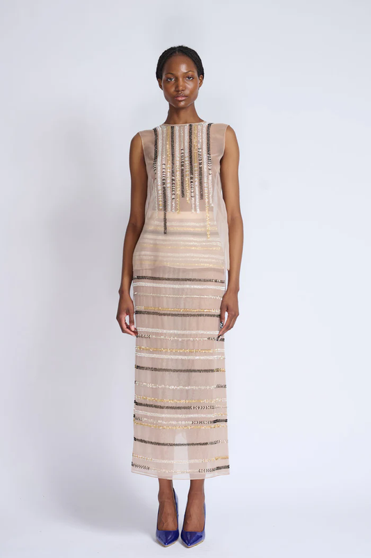 Skin Organza Rayure Embroidered Top with Skirt