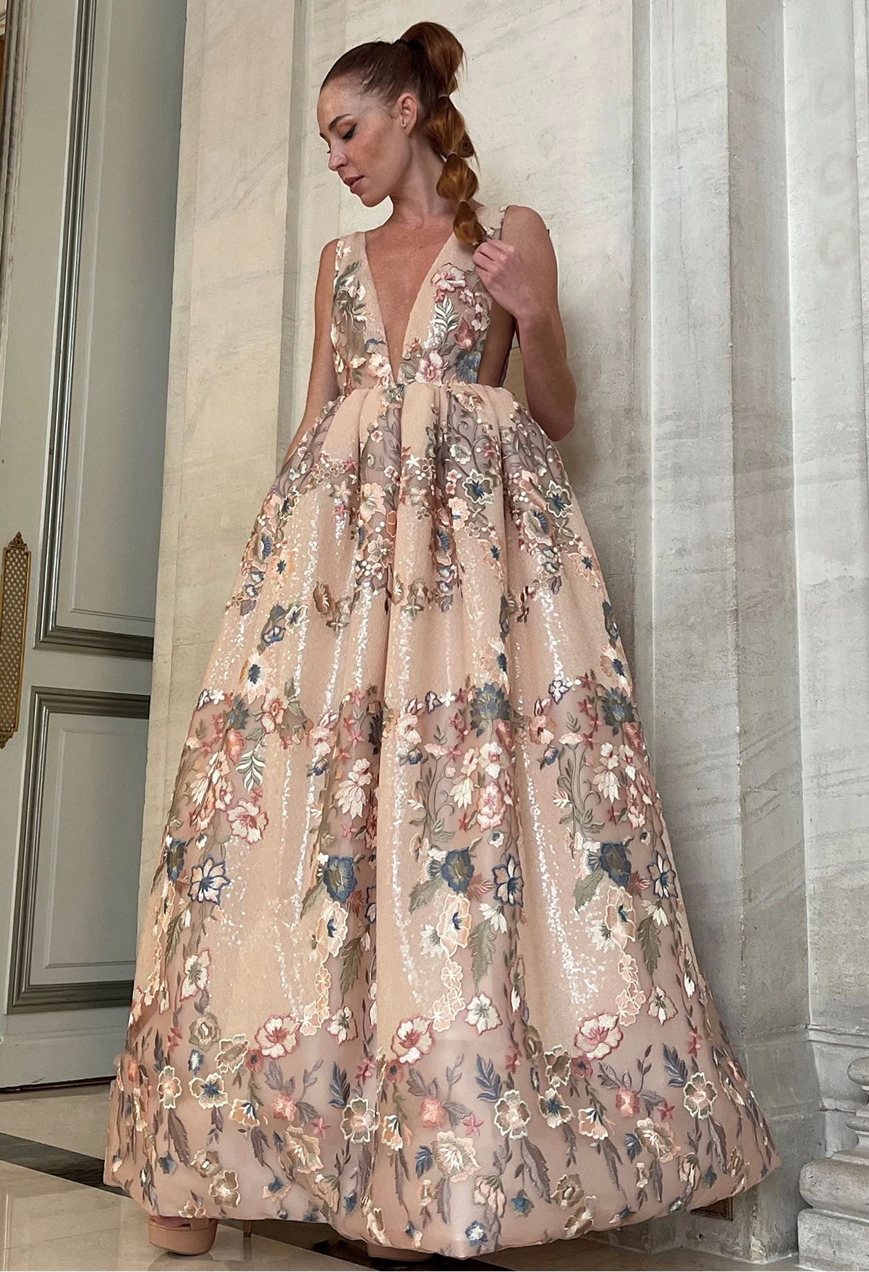 Plunging neckline Floral Embroidered Gown
