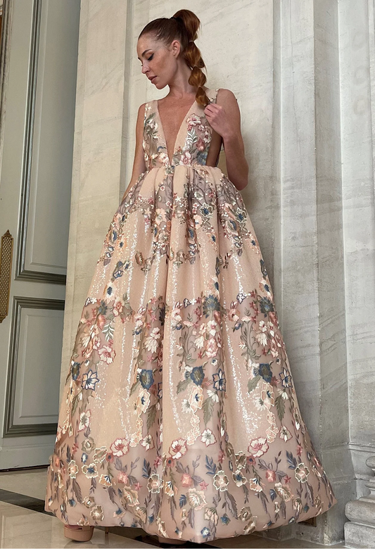 Plunging neckline Floral Embroidered Gown