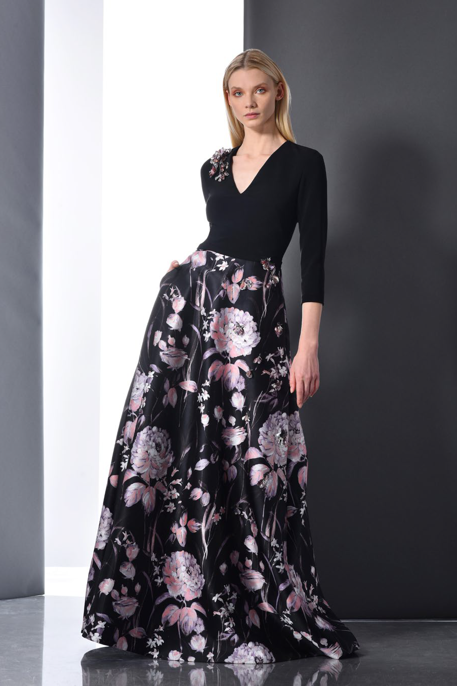 3/4 Sleeve Floral Evening Gown