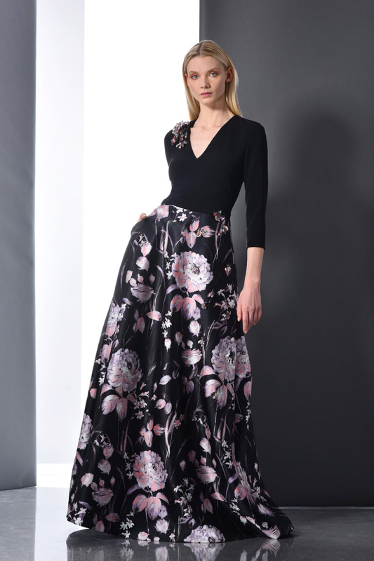 3/4 Sleeve Floral Evening Gown