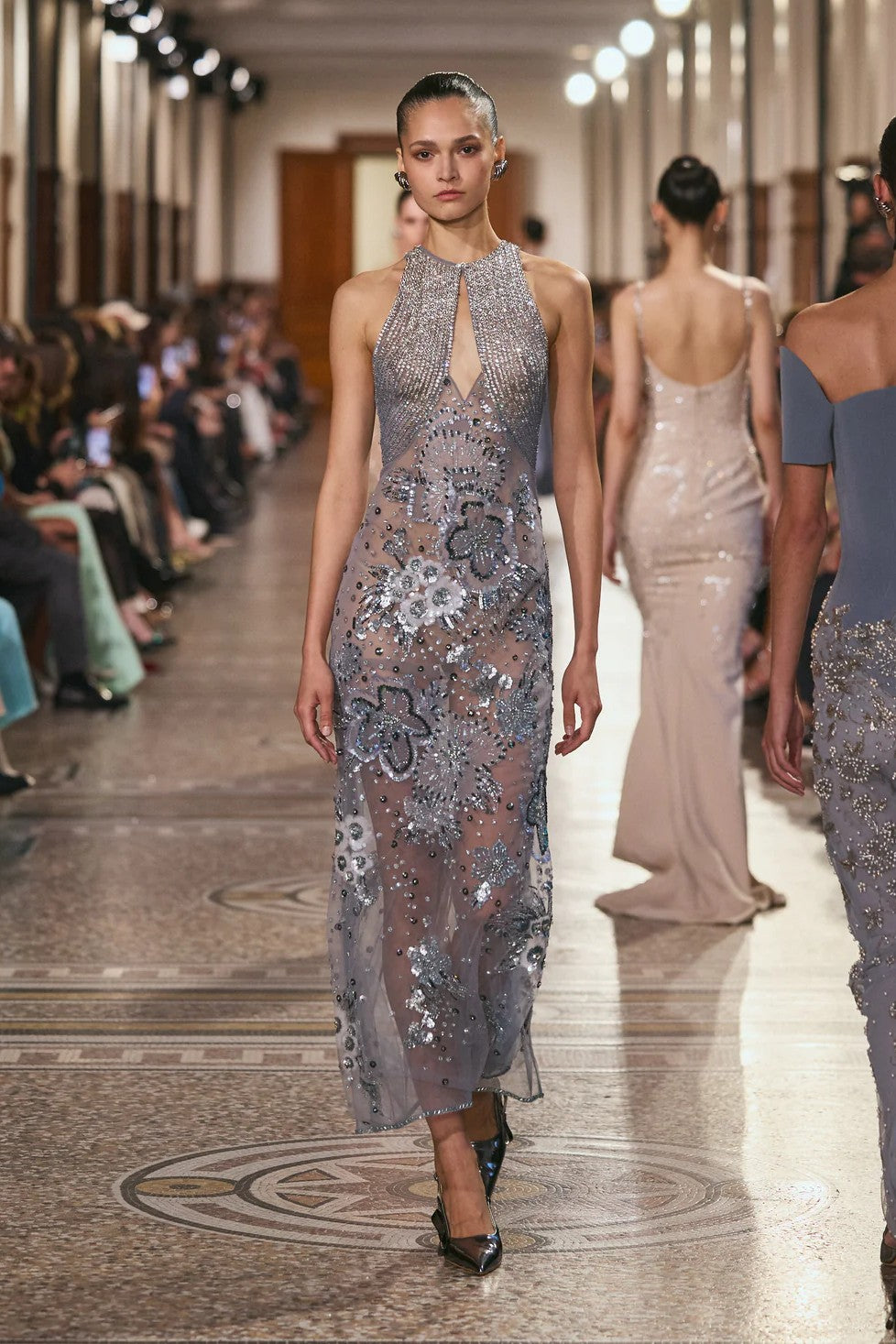 Sequined Sheer Halter Dress