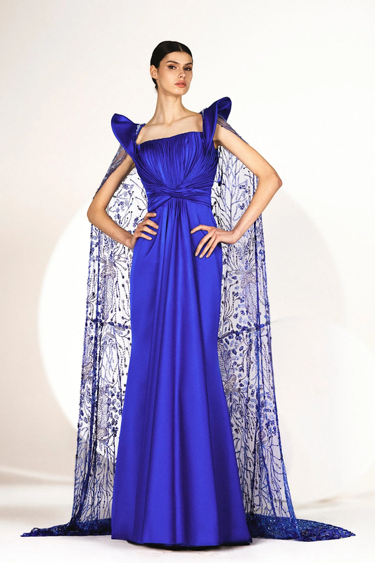 Pleated Satin Gown with Embroidered Cape