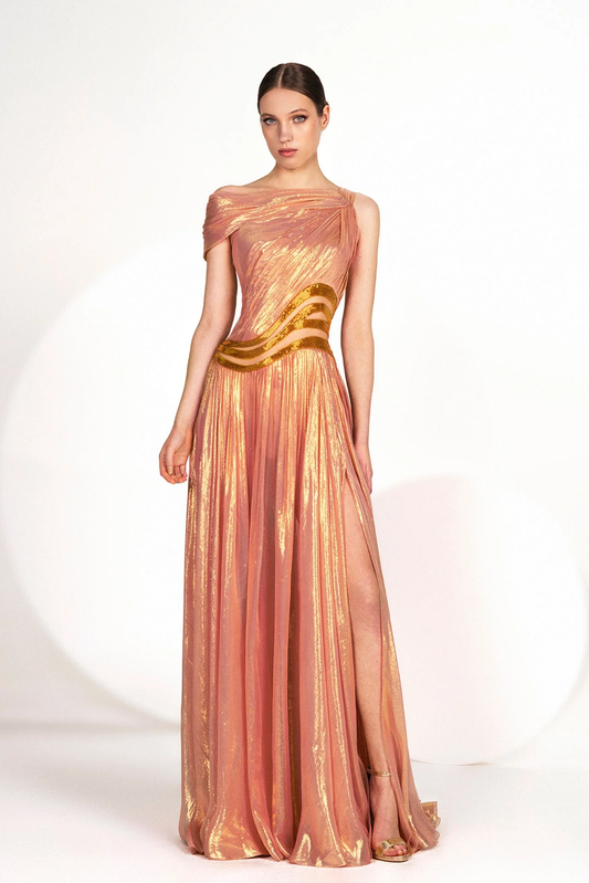 Pleated Beaded Waist Lurex Gown