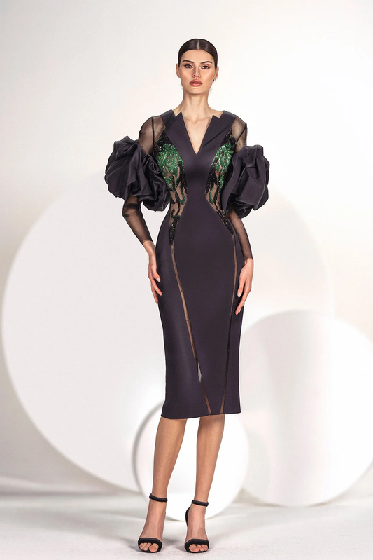Beaded Bodice Long Sleeve Dress