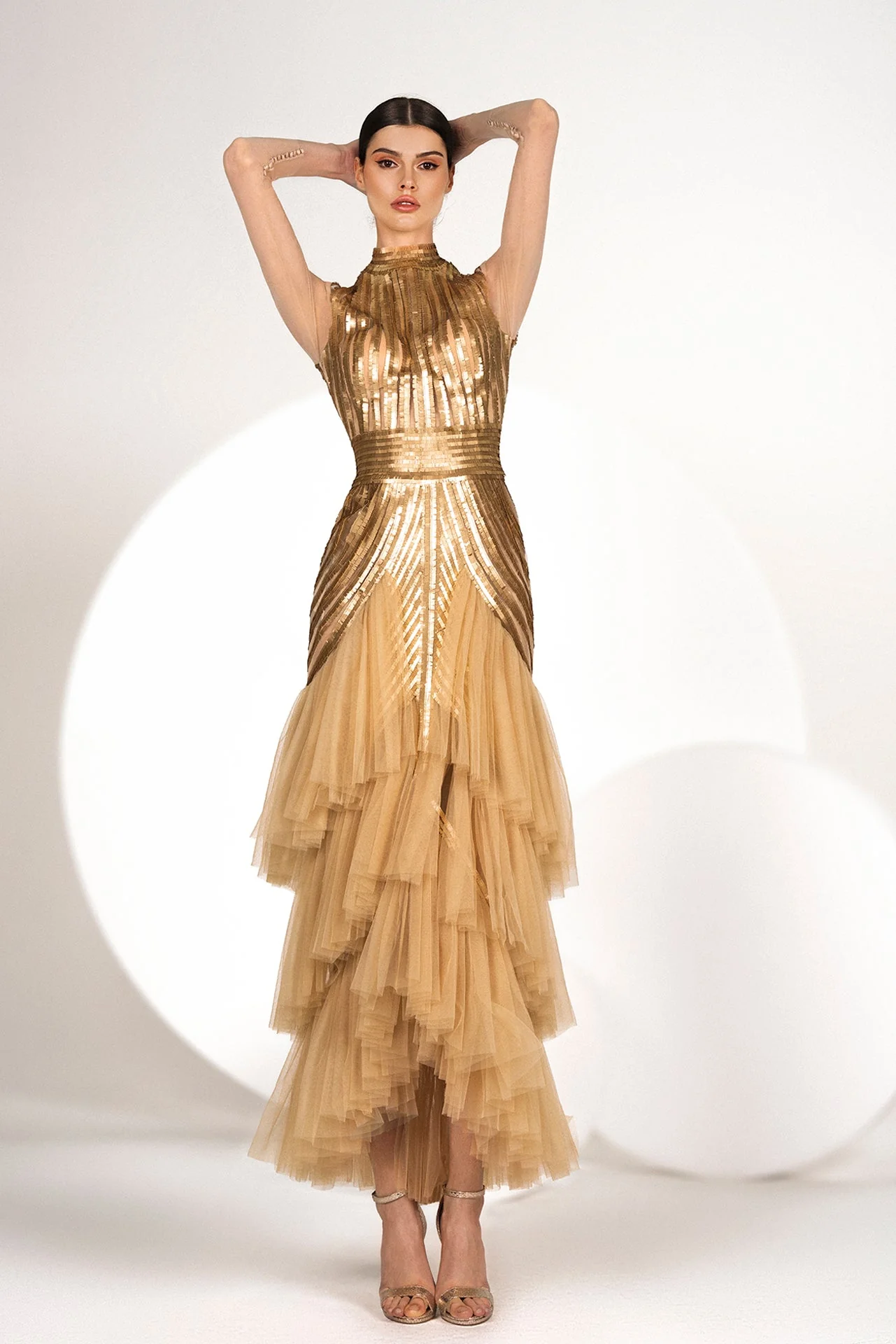 Sequined Layered Tulle Midi Dress