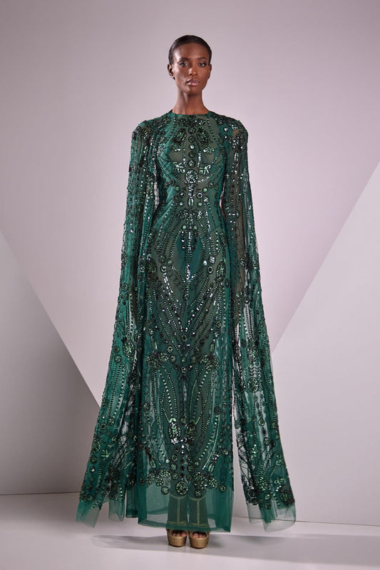 Cape Sleeve Gown with Handmade Embroidery