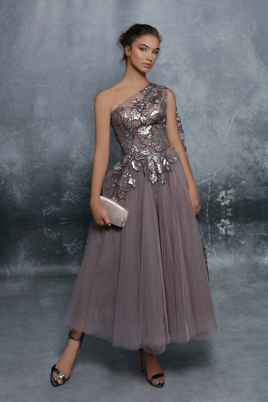Daff One Shoulder Tulle Embroidered  Dress
