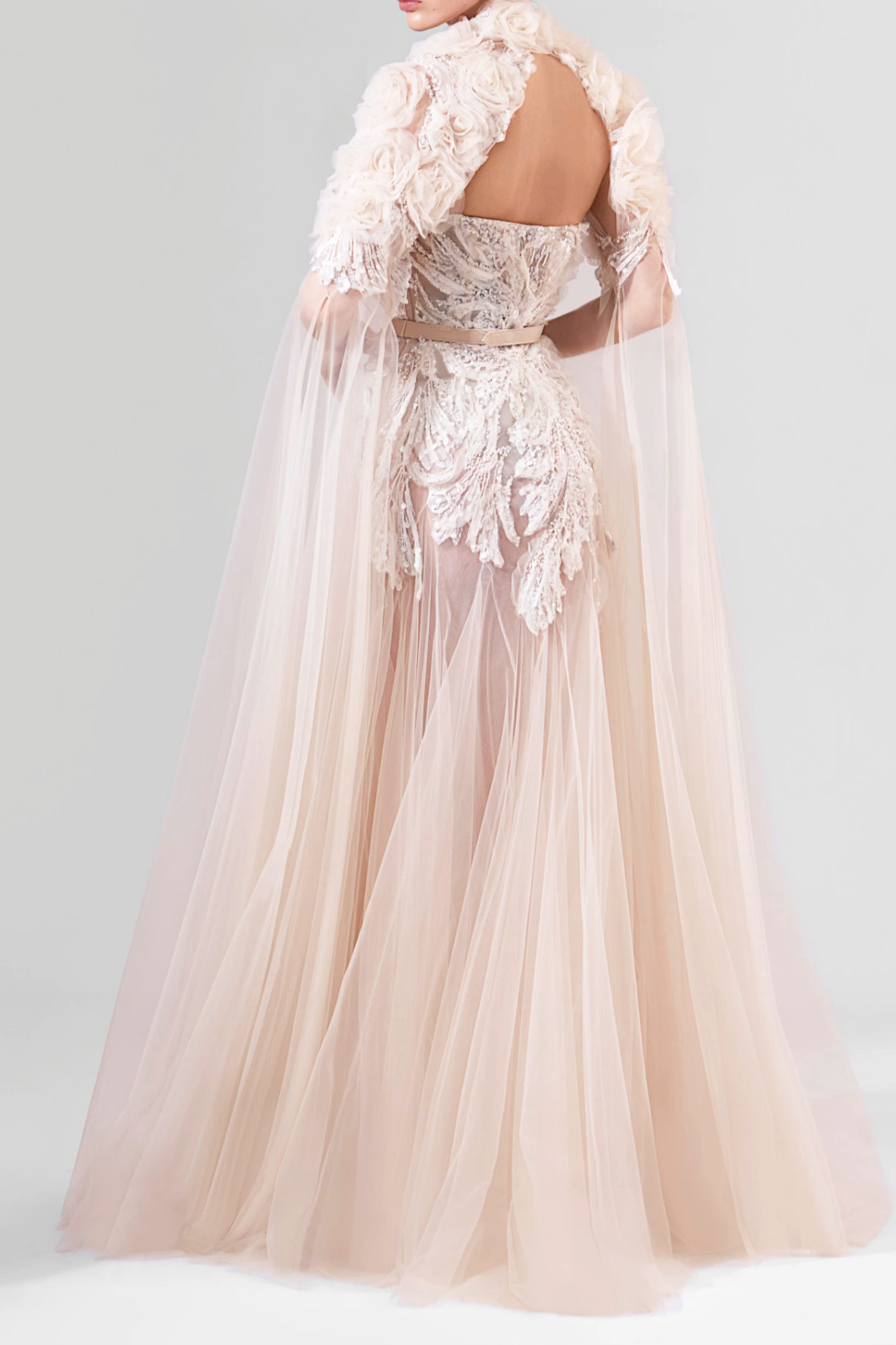 Floral Sleeve Tulle Gown