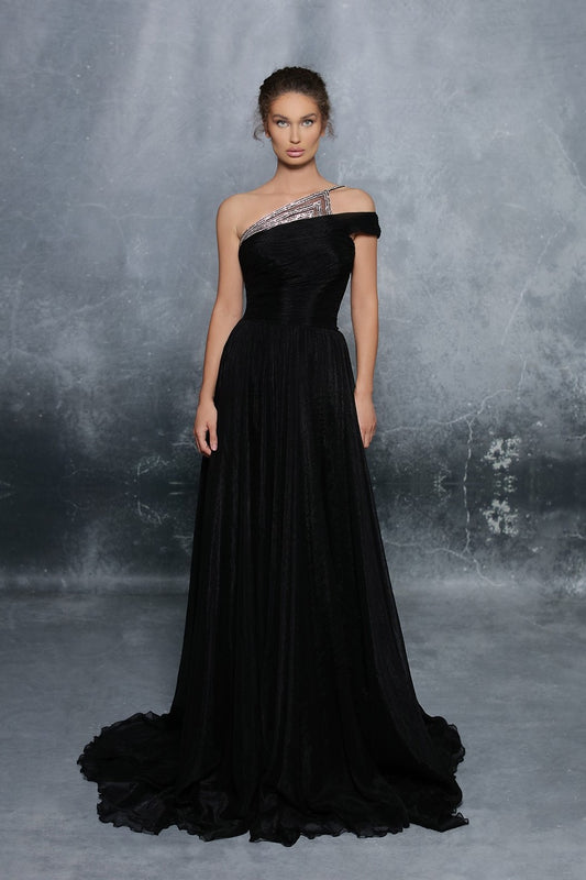 Embellished One Shoulder Chiffon Gown
