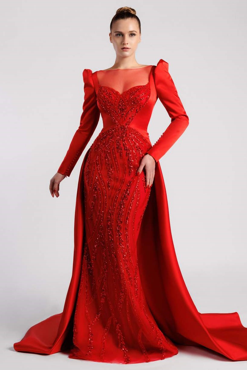 Long Sleeve Cady and Tulle Gown