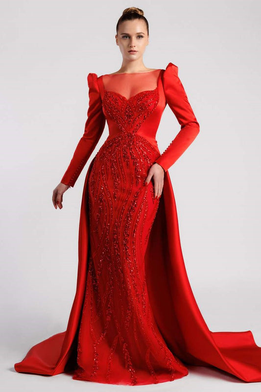 Long Sleeve Cady and Tulle Gown