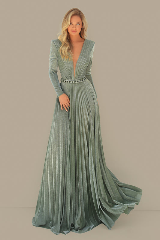 Long Sleeve Pleated Gown