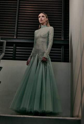 Long Sleeve Sequined Lace Gown