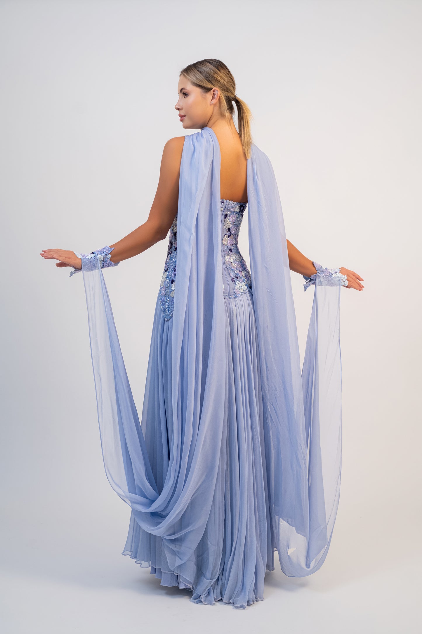 Floral Applique Cape Gown